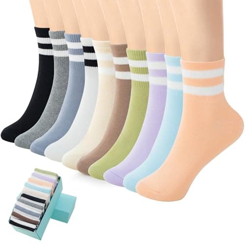 SISOSOCK Quarter Crew Cotton Socks for Women Striped Athletic Casual Breathable Socks 10 Pairs with Gifts Box - Image 1
