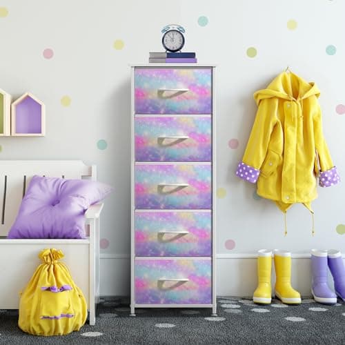 Sorbus Kids Dresser with 5 Drawers - Storage Chest Organizer Nightstand - Steel Frame, Wood Top, Tie-Dye Fabric Bins for Clothes - Wide Furniture for Bedroom, Hallway, Nursery, Closet, & Apartment - Thumbnail 6