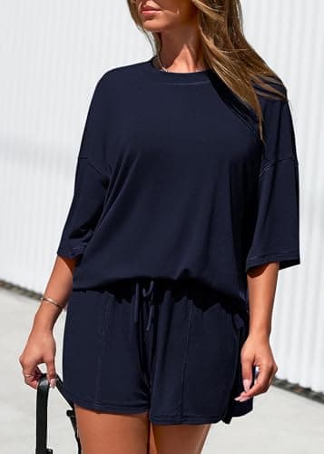 KIRUNDO 2 Piece Sets for Women Summer Lounge Sets Casual Oversized Tshirts Shorts Matching Airport Travel Outfits Postpartum(Navy Blue, XX-Large) - Thumbnail 6