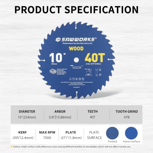 SawWorks 10 Inch 40T Circular Saw Blade ATB Carbide Tipped, Fine Finish Wood Cutting Saw Blade with 5/8" Arbor for Table Saws & Miter Saws - Thumbnail 6