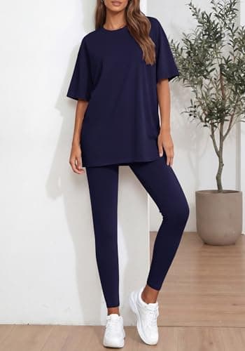 BTFBM Two Piece Lounge Set Women 2026 Spring Casual Oversized Shirts Leggings Matching Workout Airport Travel Outfits(Navy Blue, Small) - Thumbnail 4