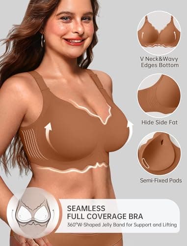 OEAK Women Bras No Underwire Scalloped Push Up Buttery Soft Tshirt Bra Seamless Full Coverage Convertible Everyday Bra Coffee M - Thumbnail 2