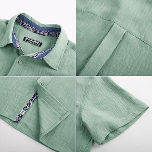 PJ PAUL JONES Men's Button Down Short Sleeve Shirt Casual Summer Beach Textured Wedding Shirts Light Green - Thumbnail 5