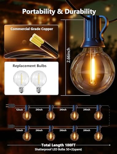 Kivonfa 100FT Outdoor String Lights - Shatterproof G40 LED Bulbs, Waterproof Connectable Patio String Lights for Outside Backyard, Wedding & Bistro Party Decor, Warm White 2700K (50 Bulbs + 2 Spare) - Thumbnail 2