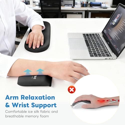 Keyboard and Mouse Wrist Rest Set - Memory Foam + Ice Silk Desk Essentials, Removable Washable Wrist Support with Elbow Rest for Desk, Ideal for Laptops with Stands, Eases Wrist Fatigue, Black - Thumbnail 4