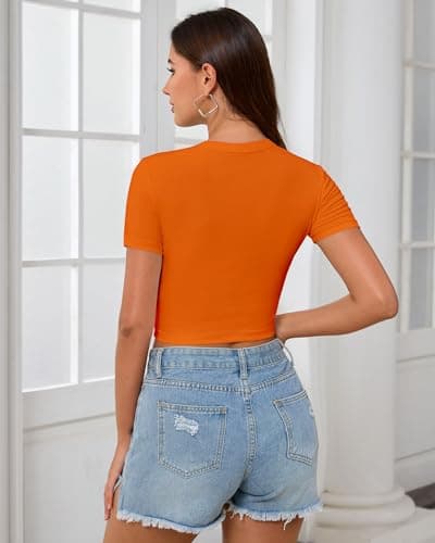 Abardsion Women's Baby Tees Slim Fit Crew Neck Short Sleeve Crop Tops - Basic Y2K T Shirts for Summer Daily Wear & Workout Orange Mudium - Thumbnail 4