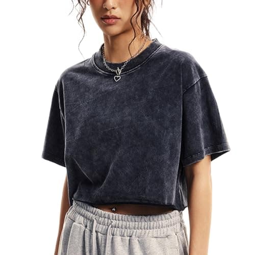 Talakeno Womens Oversized Vintage T Shirts Casual Cropped Tees Short Sleeve Cotton Acid Wash Tops Summer Grunge Shirts(Black,XL) - Image 1