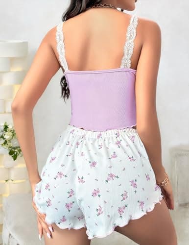 Girece Pajamas for Women Set Shorts Summer Lounge Sets Lingerie Sexy Sets Cute Pjs Floral Lace Trim Sleepwear Comfy Night Wear(Purple,XXL) - Thumbnail 3