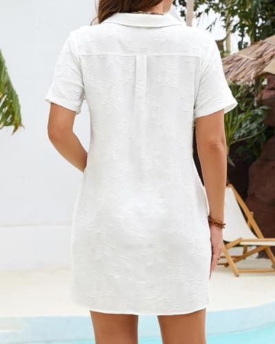 Bsubseach Swimsuit Coverup for Women 2026 Short Sleeve Summer Floral Beach Cover Up Shirt Boho Dress with Pockets White S - Thumbnail 3
