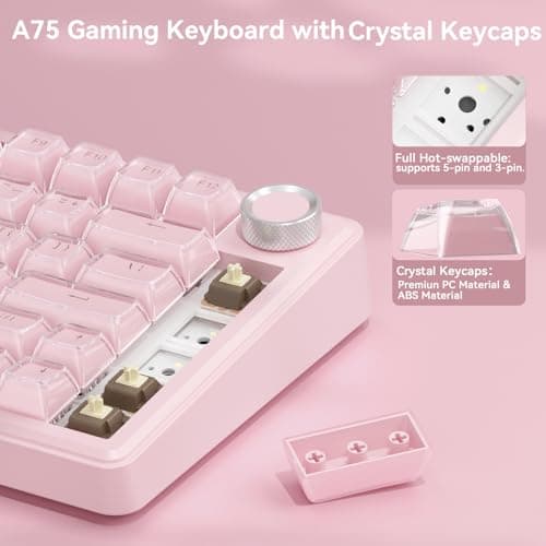 SOLAKAKA A75 Wireless Gaming Keyboard with Multifunction Knob, BT5.0/2.4GHz/USB-C, 75% Mechanical Keyboard, Hot-Swappable, Gasket Creamy Keyboard with RGB Backlit, Crystal Keycaps, for PC/Mac/PC - Thumbnail 4