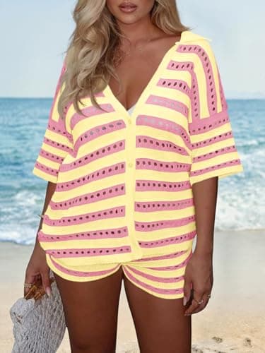 Saodimallsu Womens Crochet Swimsuit Coverup Summer 2 Piece Outfits Striped Knit Short Sleeve Button Shirts Shorts Sets Pink - Thumbnail 4