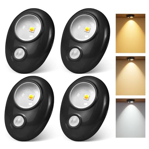 Motion Sensor Puck Lights, 3 Color Temps Dimmable Under Cabinet Lighting indoor, LED Wireless Rechargeable Magnetic Closet Light for Drawer, Shelf, Wardrobe, Kitchen, Hallway (Black, 4 Pack) - Image 1