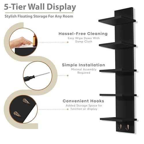 Sorbus 5 Tier Wall Shelf Unit with Hooks, Vertical Column Utility Shelving for Home Decor and Storage Organizer, Wall-Mounted Floating Shelves for Bathroom Storage, Bedroom (2 Pack) - Thumbnail 6