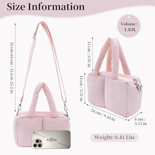 JHhomezeit Small Puffer Bag for Women, Crossbody Puffer Tote Bag Quilted Puffy Bags Satchel Shoulder Purse Fluffy Handbag Pink - Thumbnail 3