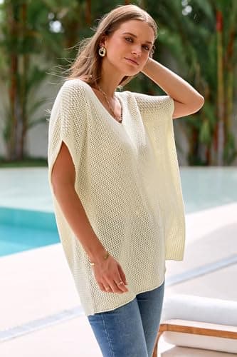 Arach&Cloz 2025 Women Summer Sweaters Vest Crochet Tops Plus Size Trendy Oversized Boho Short Sleeve Fashion Vacation Outfits Clothes Country Concert Outfits Resort Wear Apricot - Thumbnail 3