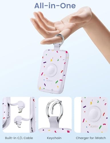 RORRY CharmGo Portable Charger, 10000mAh 20W Fast Charging Portable Charger Power Bank with Built in Cables, Travel Battery Pack for iPhone 17/16/15/14/13/12 and Apple Watch, Confetti-Purple - Thumbnail 2