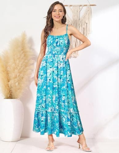 GRACE KARIN Summer Dresses for Women 2026 Vacation,Smocked Floral Maxi Dresses,Boho Beach Long Sundress Blue Green S - Thumbnail 4