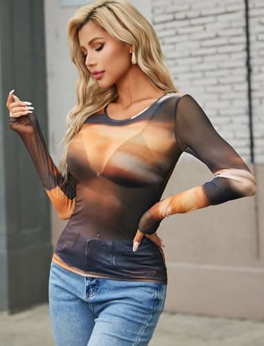 Avidlove Sheer Top Long Sleeve Mesh Top Women Mesh Blouse for Women Long Sleeve Undershirt for Women Gradient Brown S - Thumbnail 4