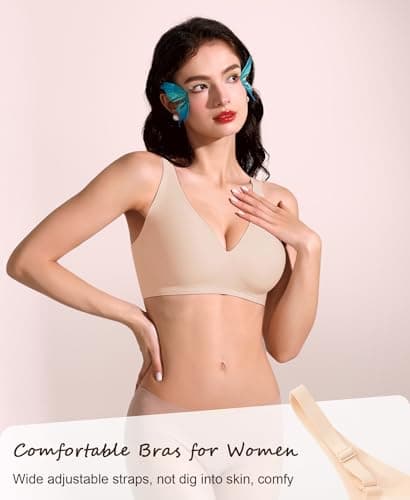 Ganado Deep V Wireless Bras for Women Seamless Bra #2 Black+Nude L - Thumbnail 4