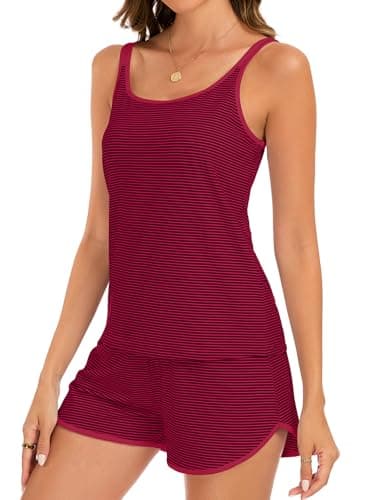 JUSTFASHIONNOW Womens Striped Tank Top Pajama Sets Summer Cami and Shorts Pjs Set Two Piece Short Set Comfy Sleepwear Loungewear(Red-Blue,Medium) - Thumbnail 4