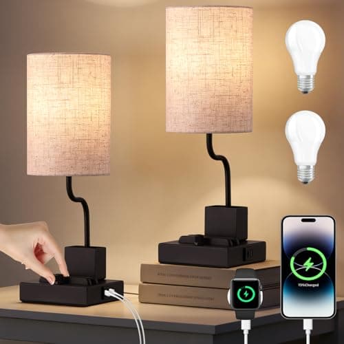 EOEYYOYB Set of 2 Vintage Table Lamps, Stepless Dimmable with AC Outlet, USB A & C Charging Port, Multifunctional Base Bedside Lamps for Living Room, Bedroom, Office Reading, Black