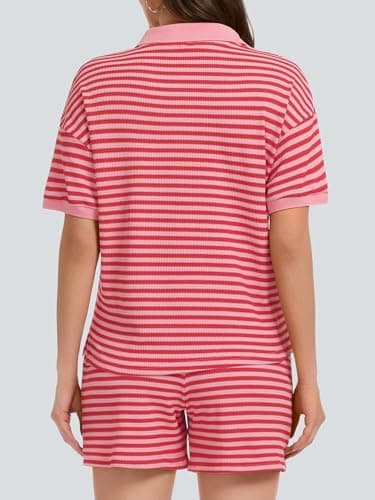 Casly Lamiit Lounge Set for Women Travel Outfits 2026 Summer Spring Color Block Tee Shirts Striped Shorts Beach Sets Two Piece Going Out Resort Wear Red Pink S - Thumbnail 4