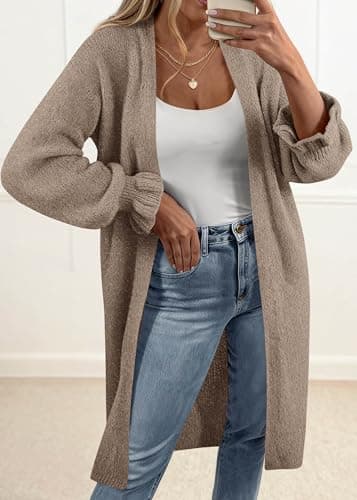 KIRUNDO Long Cardigan Sweaters for Women 2026 Spring Casual Oversized Ruffle Long Sleeve Open Front Chunky Knit Sweater Coats(Caramel, Medium) - Thumbnail 4