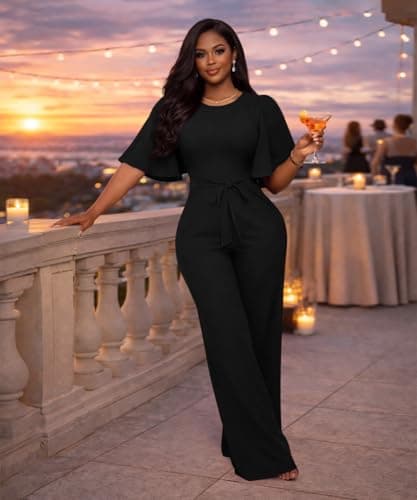 ABKY Jumpsuits For Women Dressy Batwing Sleeve Belted Wide Leg Romper Formal Wedding Evening Party Jumpsuit One Piece Outfits Black L - Thumbnail 2