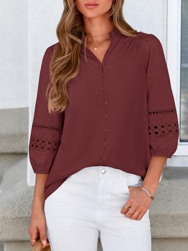 BTFBM Summer Tops for Women 2026 Eyelet Top 3/4 Length Sleeve Dressy Casual Blouses Spring Boho Button Down Shirts(Jujube Red, Large) - Thumbnail 2
