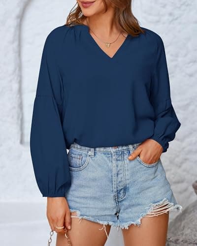 BTFBM Blouses for Women Dressy Casual Floral Summer Boho Tops V Neck Lightweight Long Sleeve Shirts Spring Clothes 2026(Blue, X-Large) - Thumbnail 5