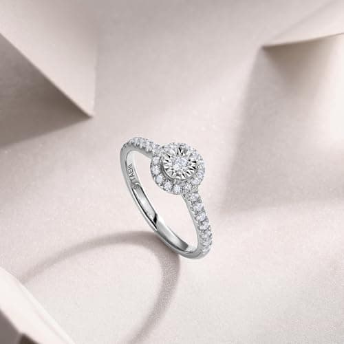 Sytaehi Sterling Silver Round Halo Lab Grown Diamond Engagement Ring, Pave Band Size 9 - Thumbnail 4