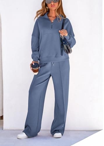 Lazysmile 2 Piece Sets For Women Lapel Half Zip Sweatshirt and Wide Leg Long Pants Sweatsuit Lounge Sets Workout Sets - Thumbnail 3