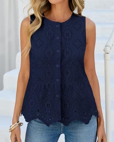 BTFBM Womens Tank Tops 2026 Summer Casual Sleeveless Button Down Shirts Embroidered Eyelet Blouse Beach Vacation Clothes(Navy, X-Large) - Thumbnail 5