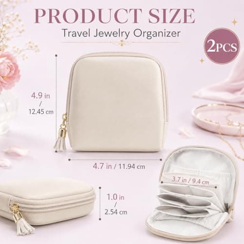 A Lots MiLi 2 Pcs Travel Jewelry Case for Women - Small Jewelry Organizer Box with Velvet Lining, Portable PU Leather Jewelry Storage Case for Necklaces Earrings Rings Bracelets, Cream White - Thumbnail 4