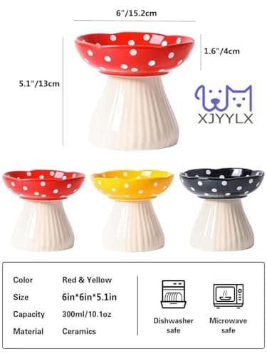 XJYYLX Elevated Mushroom Cat Bowls Ceramic, Raised Cat Bowls for Indoor Cats, Cute Whisker Fatigue Cat Bowl, Raised Dog Bowl Stand for Food and Water, Yellow 6" Wide for Adult Cats - Thumbnail 4