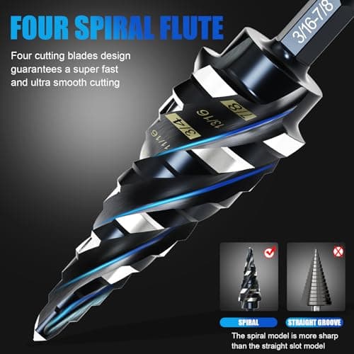 M35 Four Spiral Flute Step Drill Bit Set 1/8"-7/8"(3 pcs), 1/4" Hex Shank Unibit Step Drill bit, Impact Resistant M35 Cobalt Step Drill Bit, for Stainless Steel, Wood, Aluminum, Plastic - Thumbnail 5