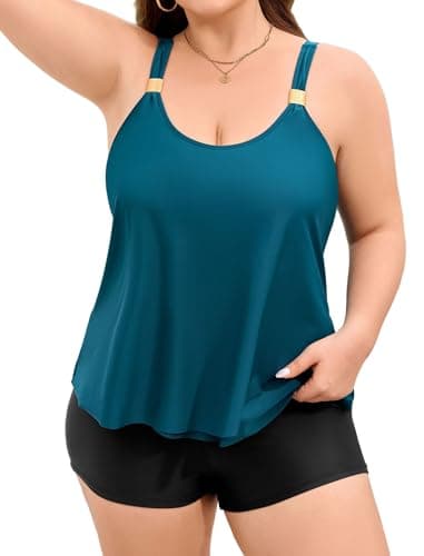 ZAFUL Plus Size Flowy Tankini Swimsuits for Women Two Piece Bathing Suit Ruffle Tankini Top with High Waisted Swim Shorts Peacock Green 2XL