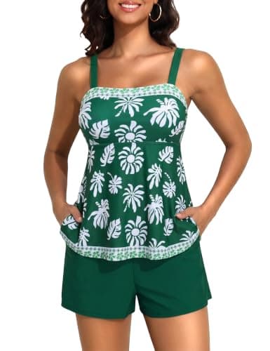 Hilor Vintage Swimsuit for Women Athletic Two Piece Swimsuits with Shorts High Waisted Bathing Suits Retro Swimwear Green Tropical 2XL/US14-16 - Image 1