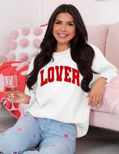 LETSEE Women Valentine Sweatshirt Glitter Patch Lover Letter Pullover Tops Crewneck Lover Chenille Patch Long Sleeve Tops(White, XX-Large) - Thumbnail 4