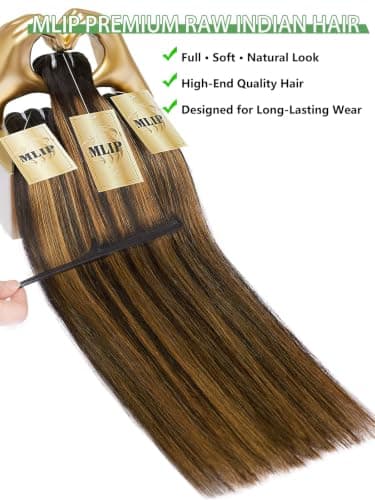 MLIP Raw Bundles Human Hair Straight, No Tangle Shedding, Keep Texture Silky Soft After Multiple Washes, 16A Raw Indian Hair Bundles 26 28 30 Inches, Brown Highlight Bundles - Thumbnail 5
