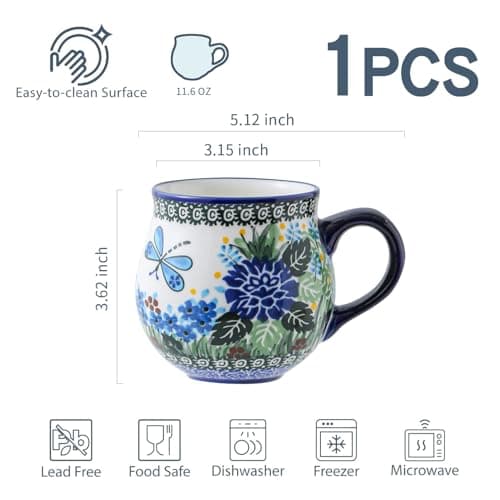 12 oz Ceramic Cup Hand-Painted Handmade Unique Porcelain Floral Mug for Tea Coffee Milk Microwave Dishwasher Safe, Polish Pottery Flower Mug 1 pc, Premium Elegant Gift - Thumbnail 6