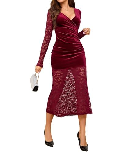 Ystguic Women Long Sleeve Wrap V Neck Bodycon Velvet Lace Ruched Elegant Sexy Dress Ladies Fall Evening Party Date Night Wedding Guest Cocktail Party Dresses Small YG064 Dark Red S - Image 1