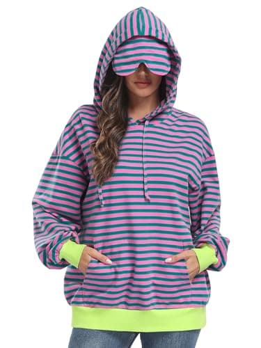 SeSe Code Hoodie With Eye Mask Striped Airplane Travel Womens Mens Oversized Sweatshirt Sleep Pullover Color Block Pink Green 2XL - Image 1