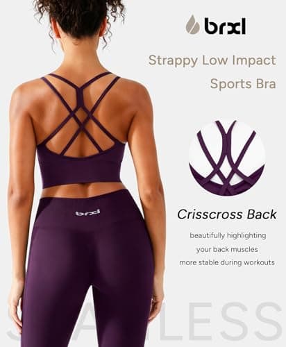 BRXL Lycra Strappy Ruched Sports Bra for Women Breathable Seamless Criss Cross Back Light Support Padded Bras Exercise Yoga Purple S - Thumbnail 3