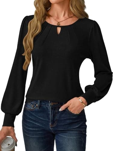 GKBK Women's Long Sleeve Tops Dressy Business Casual Blouses Basic Loose Fit V Neck Work Office Shirt Pleated Keyhole Puff Comfy 2025 Fall Winter Trendy Clothes Going Out Outfits Black Large - Thumbnail 3