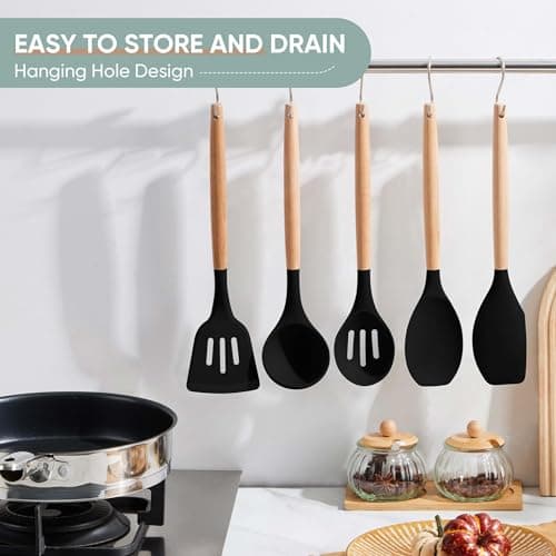 Herogo 5-Piece Cooking Utensils Set, Silicone Kitchen Utensils Set with Wooden Handle, Heat Resistant Cooking Tools Slotted Turner, Spoon, Soup Ladle, Spatula, Spoonula for Nonstick Cookware, Black - Thumbnail 6