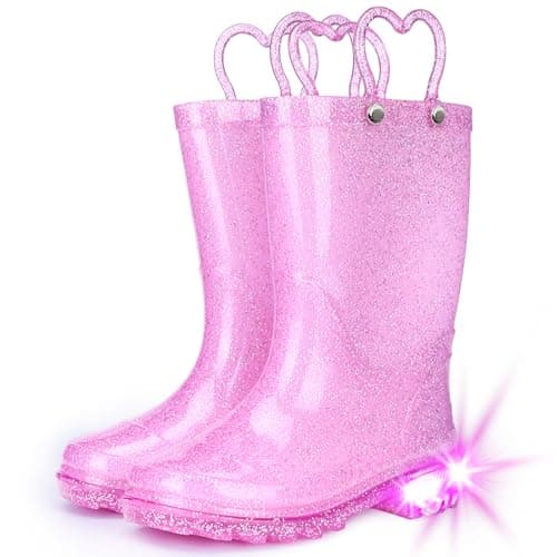 Funspread Toddler Rain Boots - Glitter Light Up Kids Rain Boots with Easy-On Handles, Lightweight Waterproof Rain Shoes Glitter Pink Size 8 - Image 1