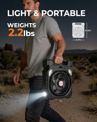 22000mAh Camping Solar Fan, 10" Dual-Panel Rechargeable Solar Powered Fan with LED Light and Arc Flashlight, LED Digital Display, 180° Swivel Oscillating, Portable Table Fans for Picnic, Barbecue - Thumbnail 6