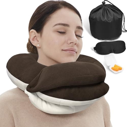 BUYUE Travel Neck Pillows for Airplanes, 360° Head Support Sleep for Long Flight, Skin-Friendly & Breathable, Kit with 3D Contoured Eye Mask, Earplugs and Storage Bag (Adult, Brown, 90+ lbs) - Image 1