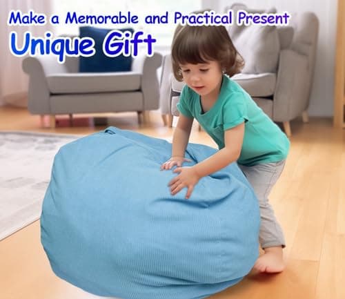 Stuffed Storage Bean Bag (No Filler) Keep Your Plush Toys More Organized Teens Children Lazy Playroom Perfect Ultra Soft Beanbag Washable Space Save Organizer Blue - Thumbnail 5
